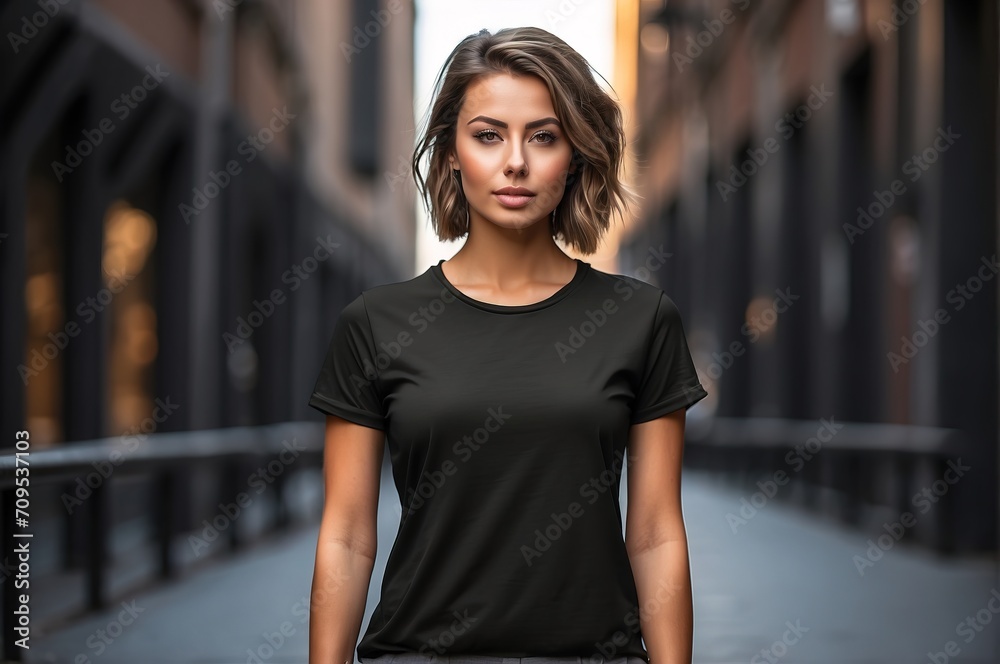 Young athletic woman wearing black blank mockup tshirt on a blurred urban background Young athletic woman wearing black blank mockup tshirt on a blurred urban background