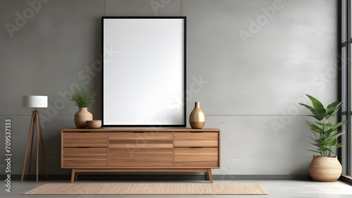 Wooden cabinet, dresser against concrete wall with empty blank mock up poster frame with copy space.