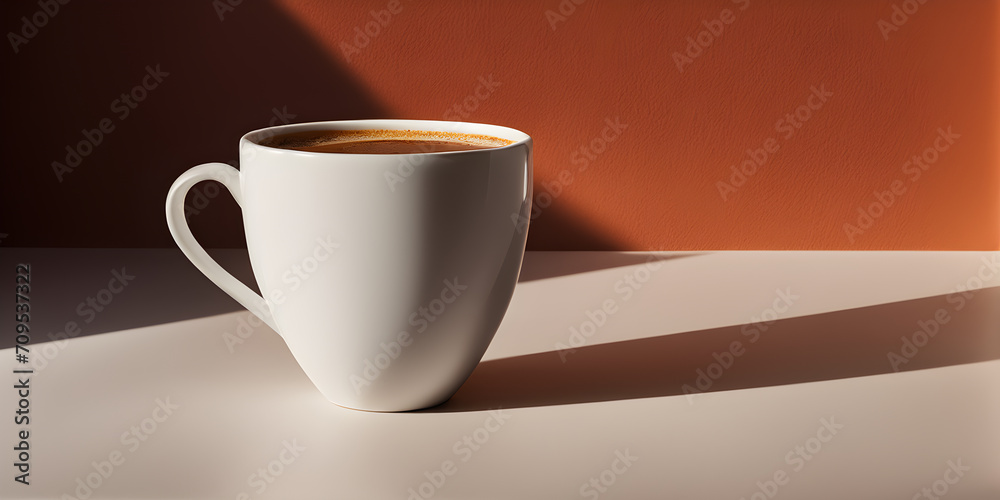 White mug filled with coffee. brown wall and white floor. light and shadow. Generative Ai White mug filled with coffee. brown wall and white floor. light and shadow. Generative Ai