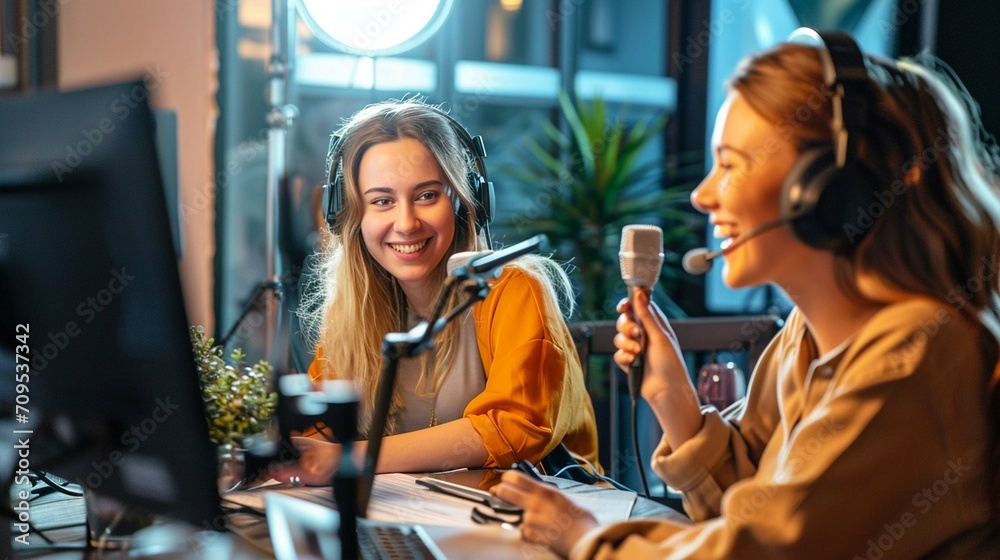 
Smiling women host streaming audio podcast using microphone at small broadcast studio 