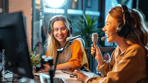  Smiling women host streaming audio podcast using microphone at small broadcast studio 