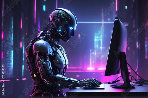 Robot hacker with future background