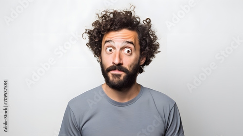 a man with curly hair and beard looking confused and surprised on white background
