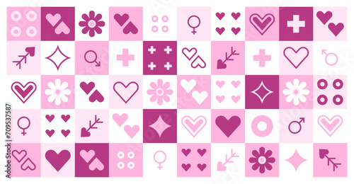 Love elements in tiles pattern. Symmetrical hearts, stars in cages, flowers, arrows, male and female gender symbols in mosaic design. Checkered background. Grid with Valentine's Day symbols.