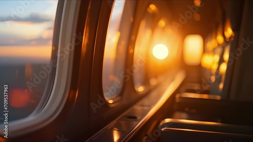 As the sun sets in the distance, the luxurious cabin window curtains provide a sense of privacy and comfort for passengers on their private jet journey. photo