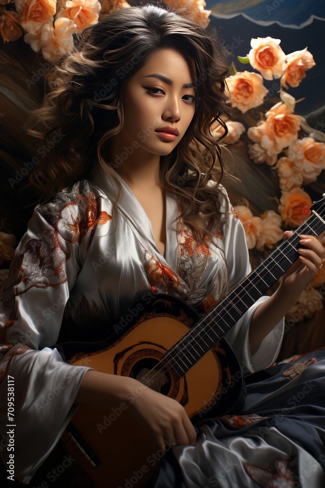 Fototapeta premium Photo Realistic of an Asian Musician Woman in a Fusion of Traditional and Contemporary Attire, Generative AI