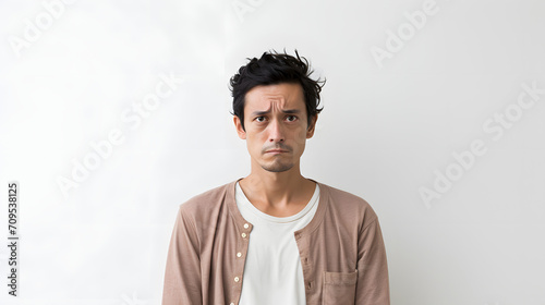 a young asian man looking upset at the camera, isolated on white background.