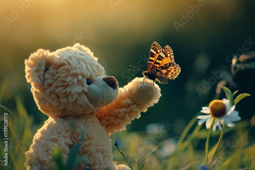 Teddy bear with outstretched arms as a butterfly lands on one paw capturing a moment of delightful connection between the cuddly toy and the delicate insect © Teddy Bear