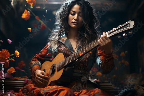 Photo Realistic of an Asian Musician Woman in a Fusion of Traditional and Contemporary Attire, Generative AI