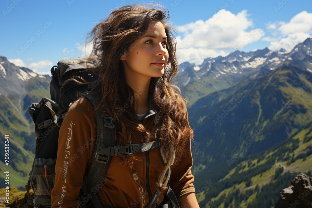 Photo Realistic of an Asian Hiker Woman in Traditional Hiking Attire for a Specific Mountain Range, Generative AI