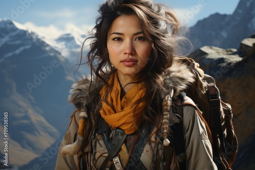 Photo Realistic of an Asian Hiker Woman in Traditional Hiking Attire for a Specific Mountain Range, Generative AI