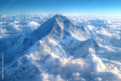 aerial view of a high mountain peak rising above the clouds