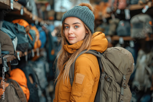 young woman chooses backpack in a shop © Evgeny