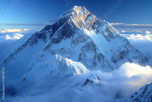 view of a high snowy mountain peak above the clouds