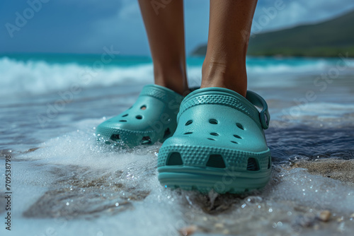 crocs shod feet of an person on the beach walking along the surf