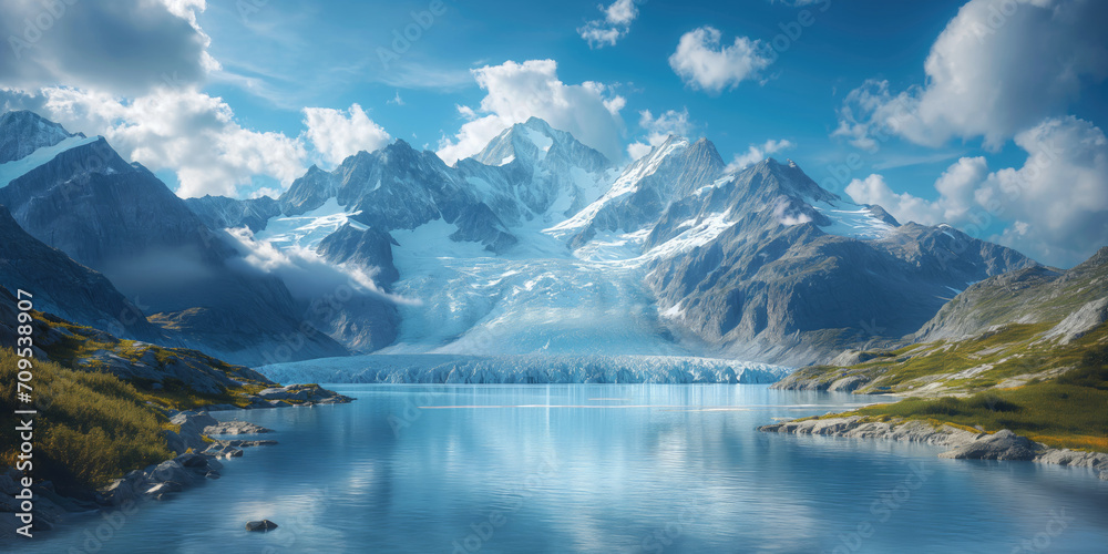 huge alpine glacier melts, giving rise to a lake of clear water - obrazy, fototapety, plakaty 