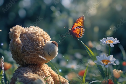 Butterfly hovering near a teddy bear's ear the interaction between the fluttering creature and the attentive plush toy creating a whimsical and endearing scene