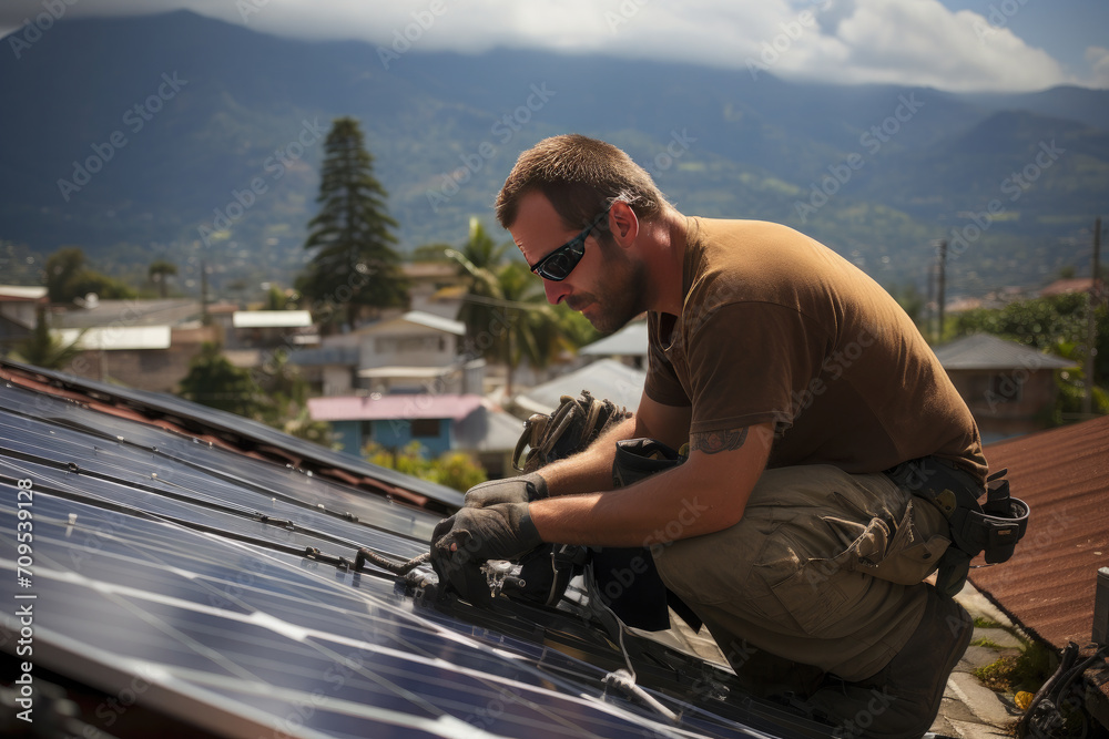 Worker mount solar panels on the roof. Concept of alternative and renewable energy. Worker mount solar panels on the roof. Concept of alternative and renewable energy.