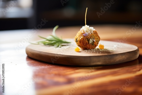 close-up of arancini texture on wooden board photo