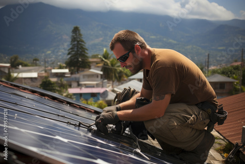 Worker mount solar panels on the roof. Concept of alternative and renewable energy.