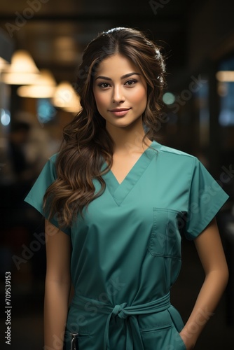 Photo Realistic of an Asian Healthcare Worker Woman in Medical Scrubs with Cultural Accents, Generative AI © Giantdesign