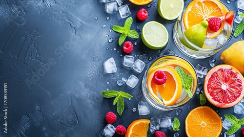 Summer Refreshment with Blank Space: Top view of a refreshing summer drink with fruits and ice cubes on a table, providing an empty area for inserting beverage-related quotes or promotional text. photo