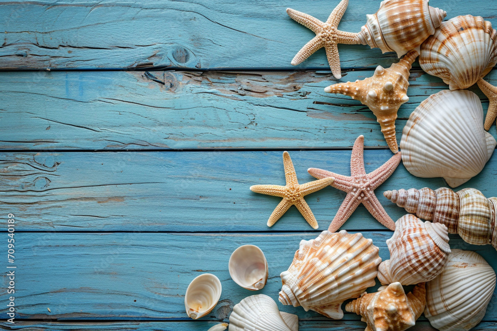starfish and shells on a rusted blue wooden background