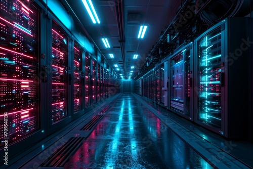 Server room data center. Backup, mining, hosting, mainframe and computer rack with storage information