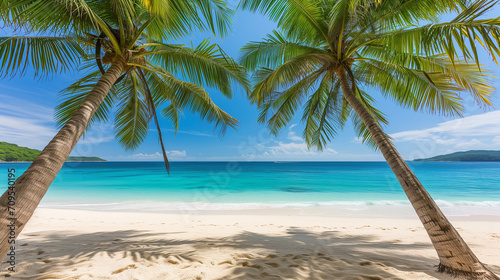 A pair of palm trees standing on a sunlit sandy beach