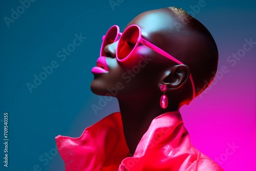 An African American fashion model is portrayed wearing sunglasses on a backdrop of a vibrant neon fluorescent blue and pink color. photo