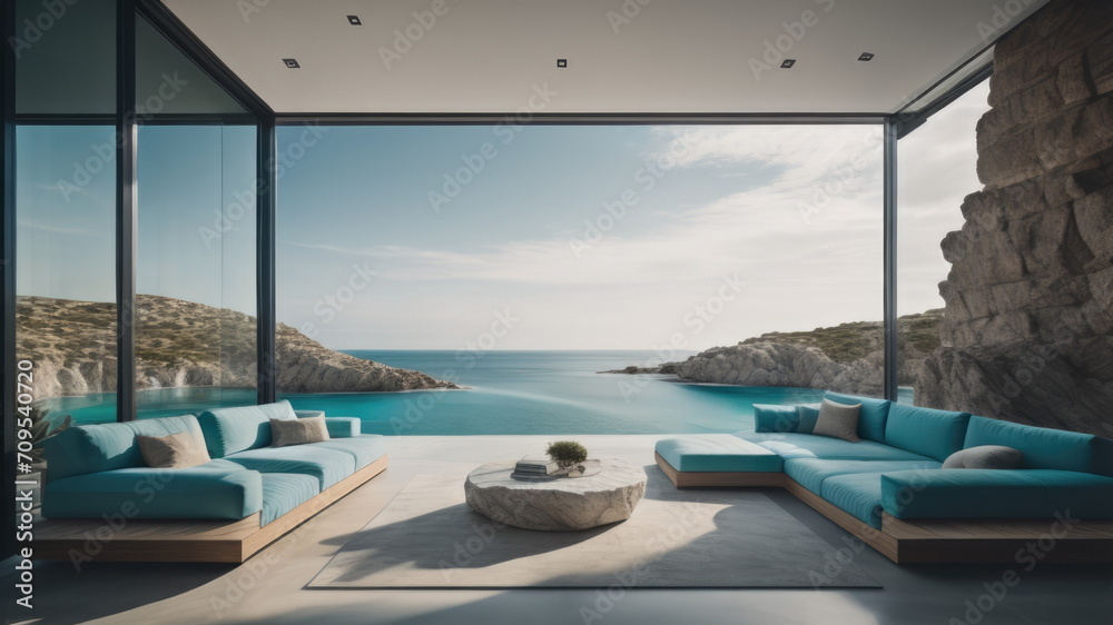 Luxury terrace with breath-taking view of the sea lagoon with crag