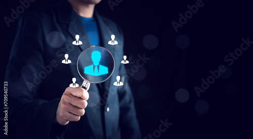 Human Resource Management (HRM), Manager icon on magnifier glass focus to target, Audience, which is among staff icons for human development recruitment leadership and customer target group concept.