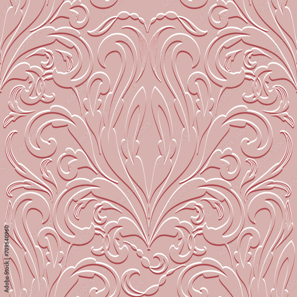 3d textured ornamental vintage emboss Baroque Damask pink seamless pattern with surface flowers, leaves. Vector relief royal background. Beautiful emboss grunge 3d ornaments in Baroque style - obrazy, fototapety, plakaty 