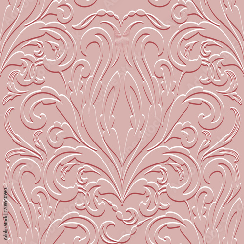 3d textured ornamental vintage emboss Baroque Damask pink seamless pattern with surface flowers, leaves. Vector relief royal background. Beautiful emboss grunge 3d ornaments in Baroque style photo