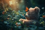 Butterfly perched on the nose of a teddy bear both framed against a backdrop of lush greenery showcasing the harmony between the whimsical and the natural