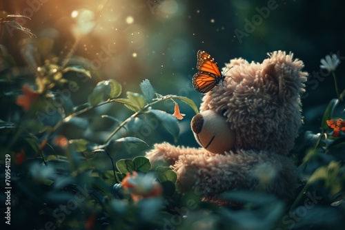Butterfly perched on the nose of a teddy bear both framed against a backdrop of lush greenery showcasing the harmony between the whimsical and the natural photo
