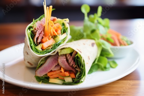 sliced beef teriyaki wrap with lettuce and carrots