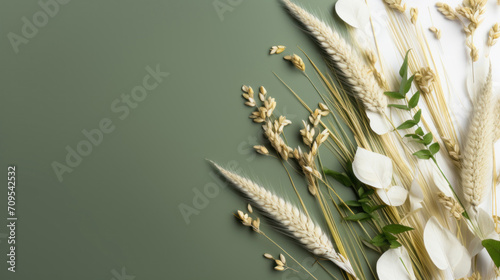 A stylish composition of wheat ears and white flowers arranged on a green background, perfect for designs with a natural theme. photo