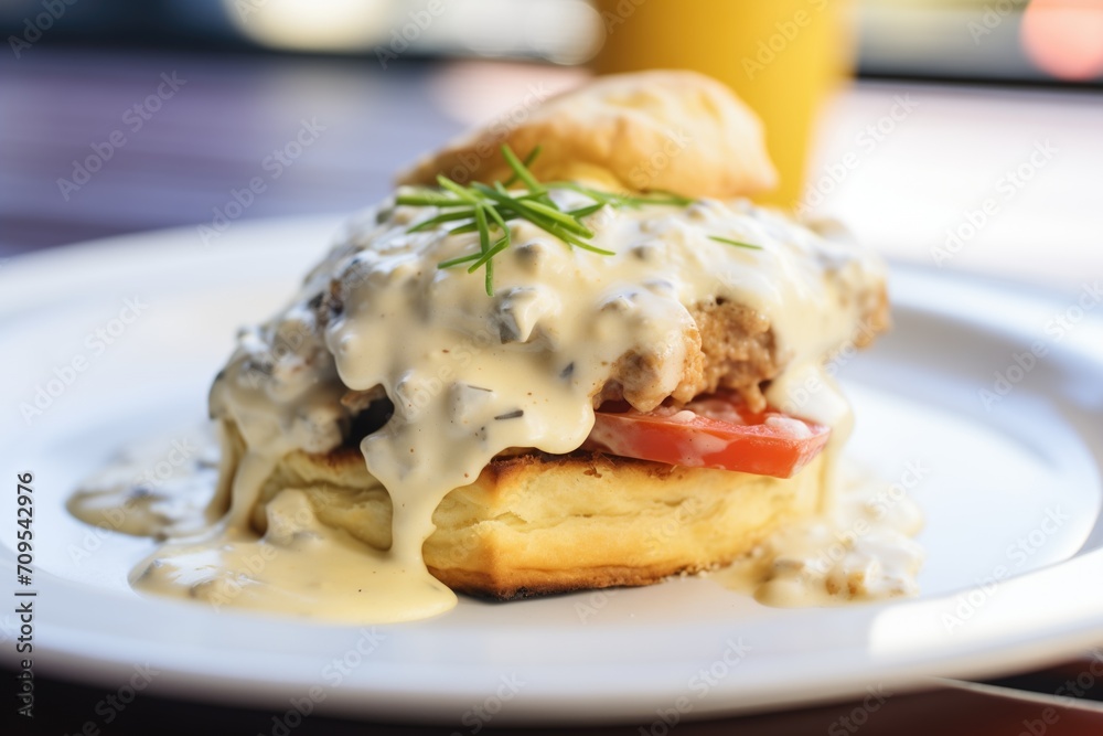 close-up of a biscuit topped with creamy sausage gravy close-up of a biscuit topped with creamy sausage gravy
