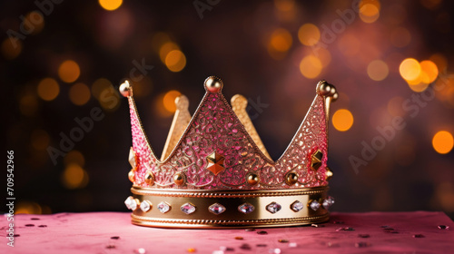 Close-up of a jeweled pink crown against a blurred background of golden lights, symbolizing royalty and elegance.