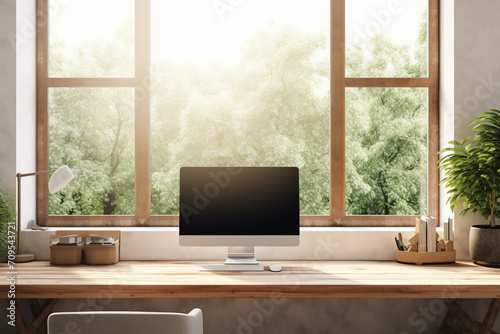 Serene workspace featuring a modern monitor on a wooden desk, complemented by natural greenery from the surrounding trees visible through large windows © Binura