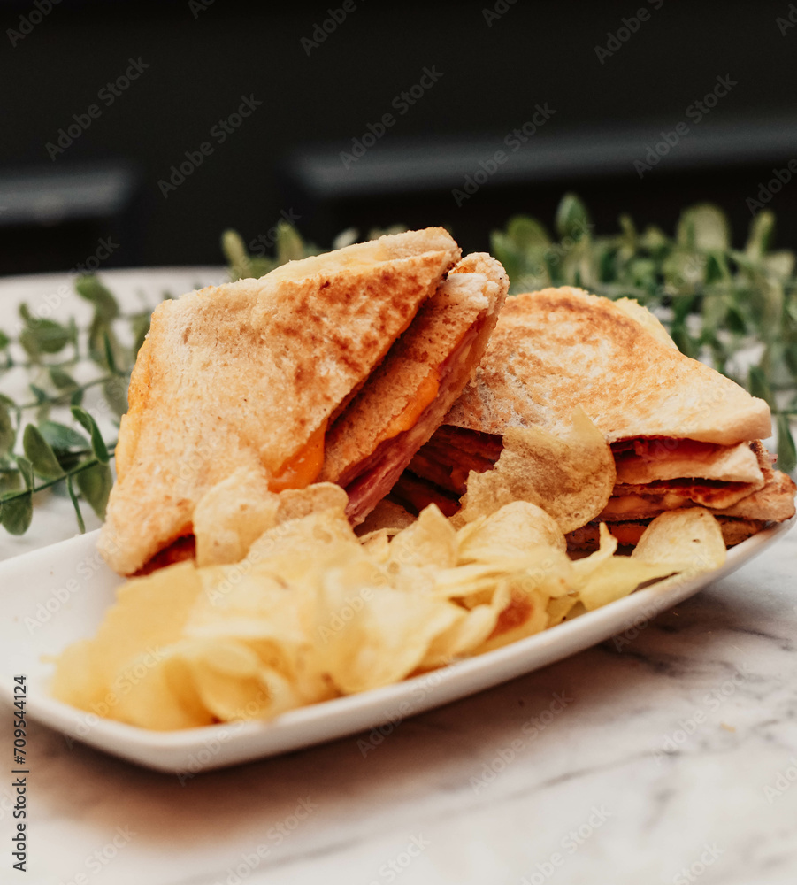 Hot ham and cheese sandwich, toasted with butter on bread Hot ham and cheese sandwich, toasted with butter on bread