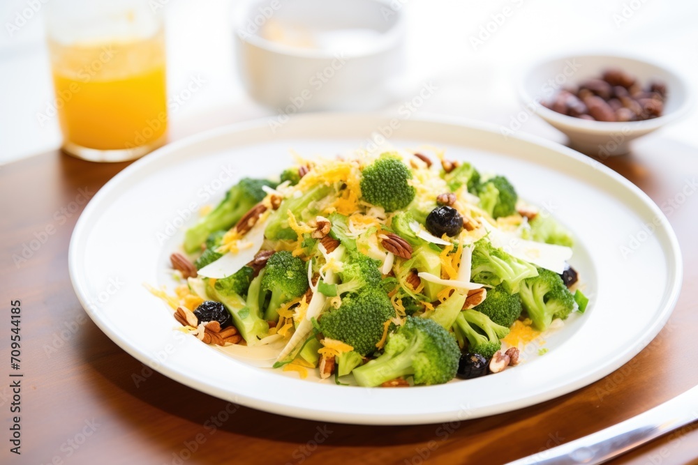 broccoli raisin salad with shredded cheese topping