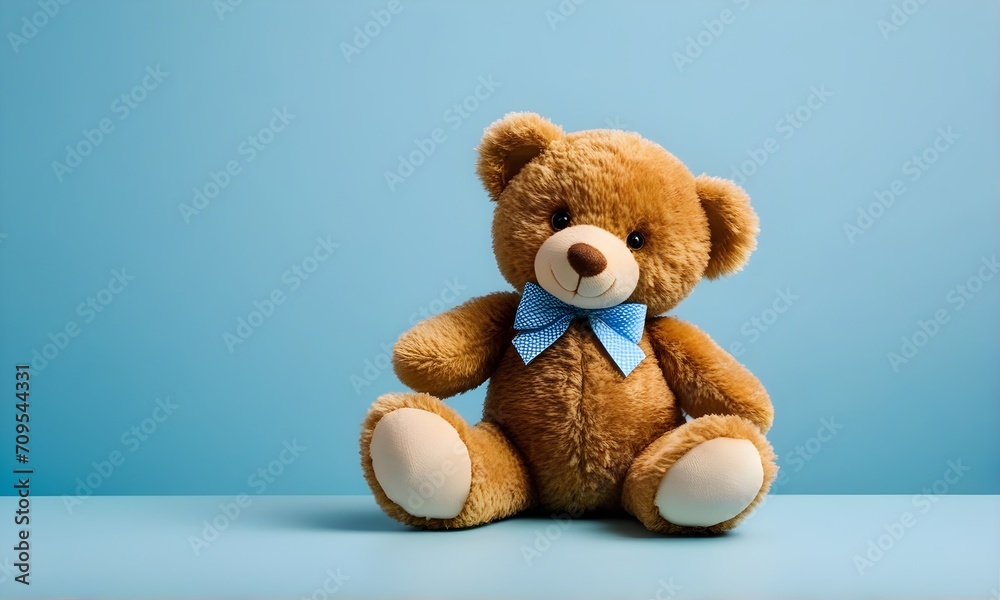 Brown teddy bear with blue bow on blue background. Copy space. Valentine's Day, birthday, or baby shower greeting card Brown teddy bear with blue bow on blue background. Copy space. Valentine's Day, birthday, or baby shower greeting card
