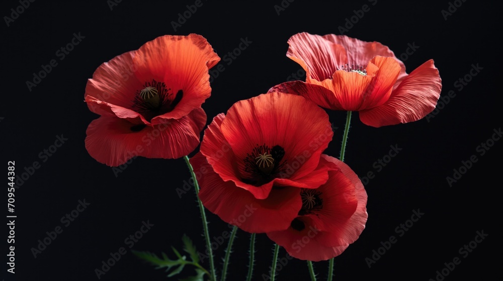 Naklejka premium Red poppies on black background. Remembrance day concept.