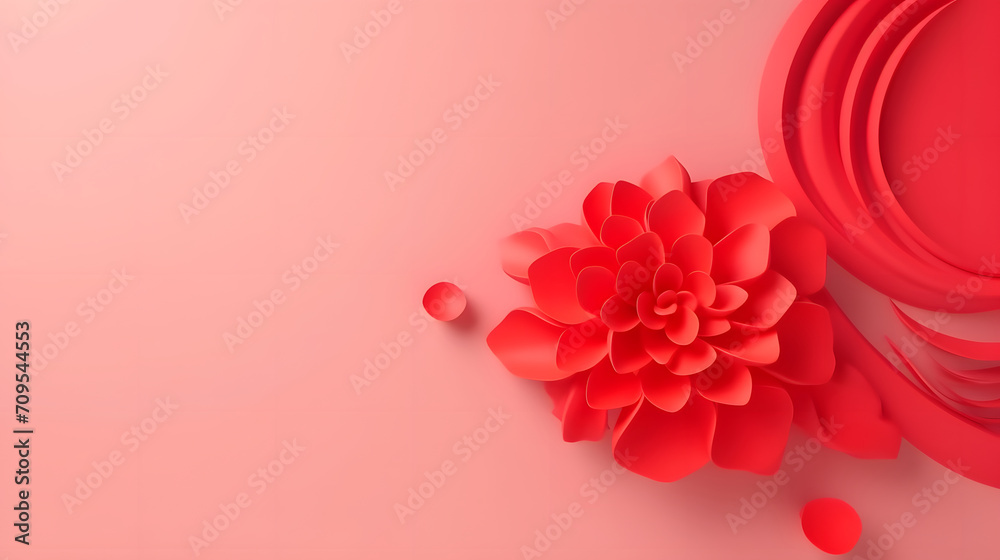 Chinese new year background. Festive red paper, flowers on red orange background.