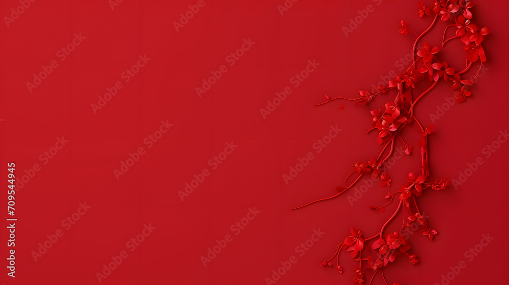 Chinese new year background. Festive red paper, flowers on red orange background.