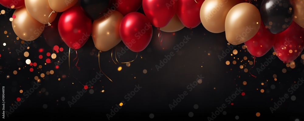 Dramatic party banner background with red and gold balloons and confetti, with empty copy space Generative AI Dramatic party banner background with red and gold balloons and confetti, with empty copy space Generative AI