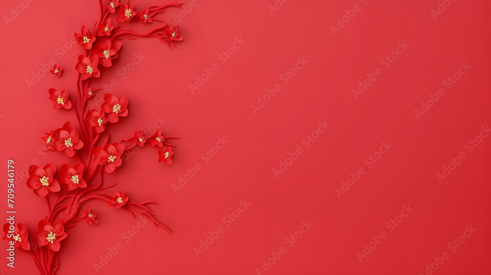 Chinese New Year background with red paper cut flower. 3D Rendering