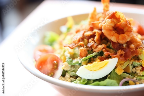 close-up of a cobb salad focusing on tomato and bacon bits photo
